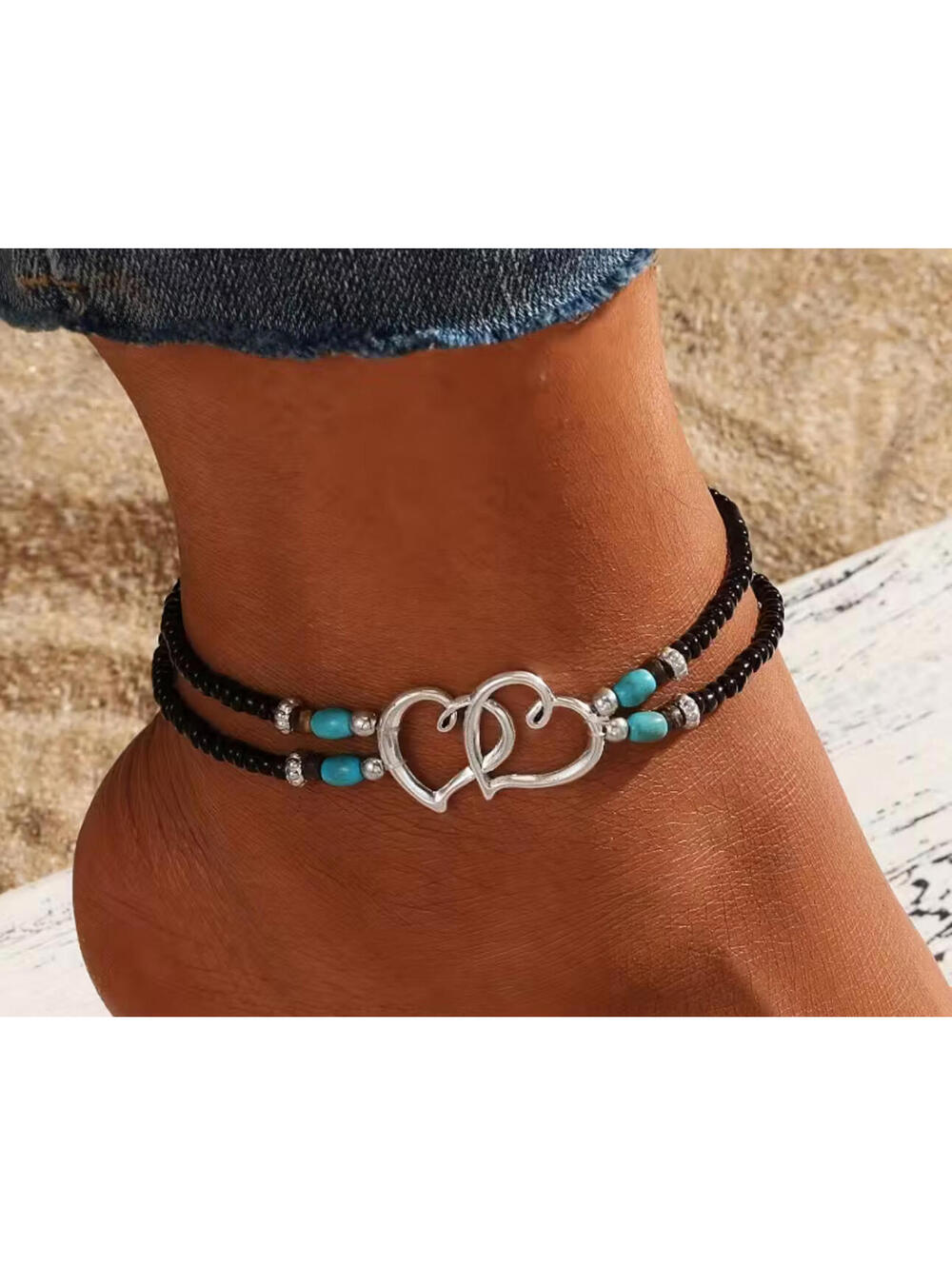 2 Handcrafted Double Heart Beaded Anklets New